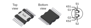 Figure 3: Symbol, top view, and bottom view for the TP65B110HRU (Source: Renesas Electronics).